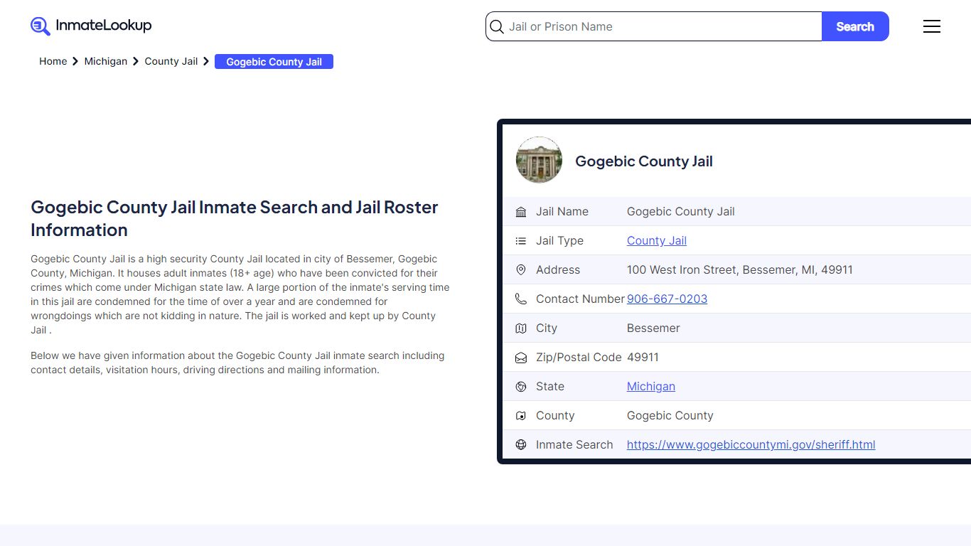 Gogebic County Jail (MI) Inmate Search Michigan - Inmate Lookup