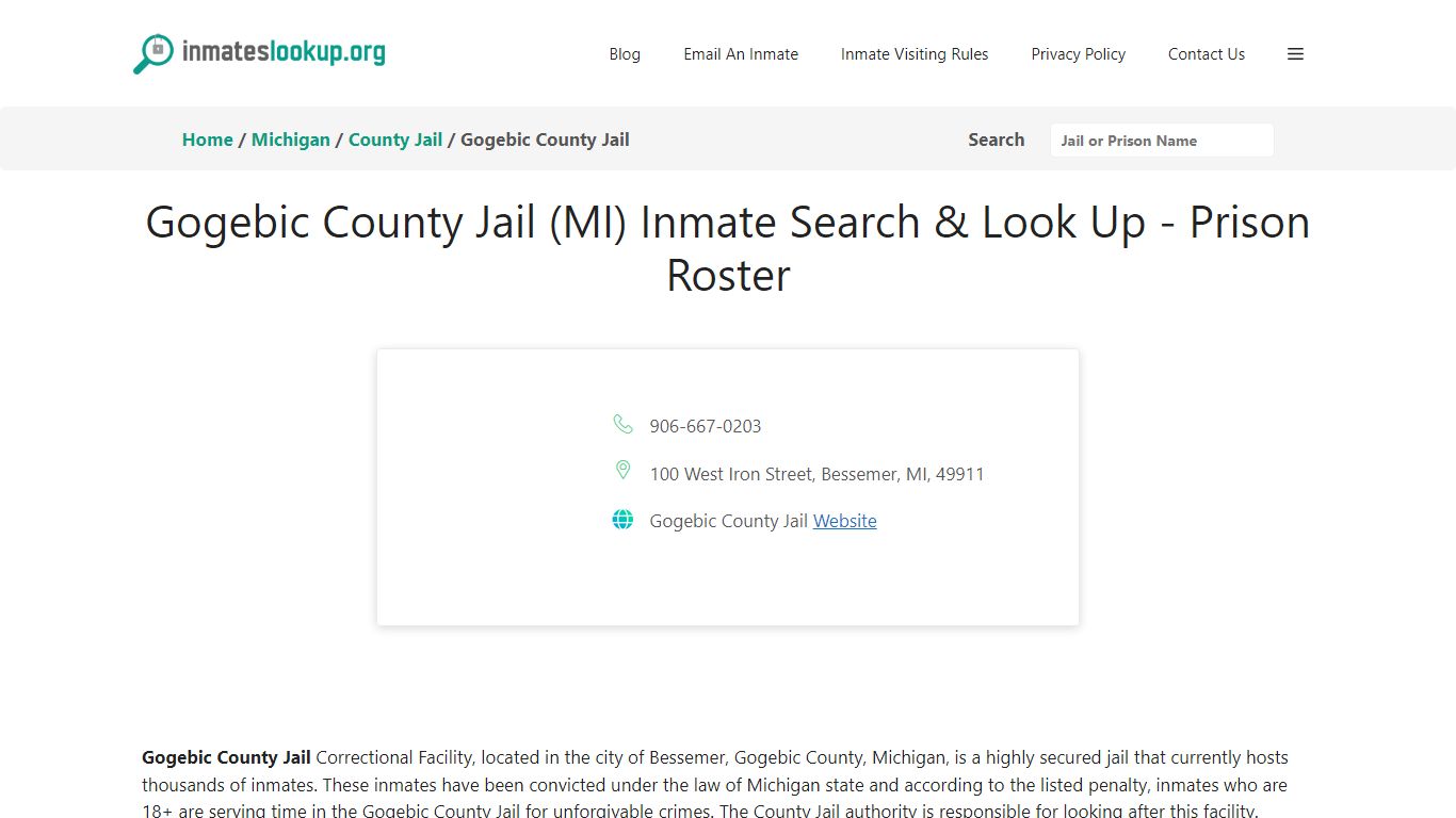 Gogebic County Jail (MI) Inmate Search & Look Up - Prison Roster